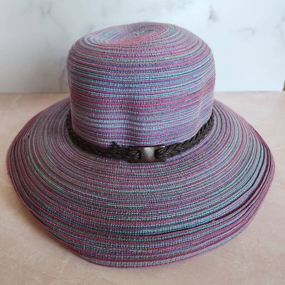 UPF 40+ roll up braid womens sun hat purple striped summer wide brim bucket